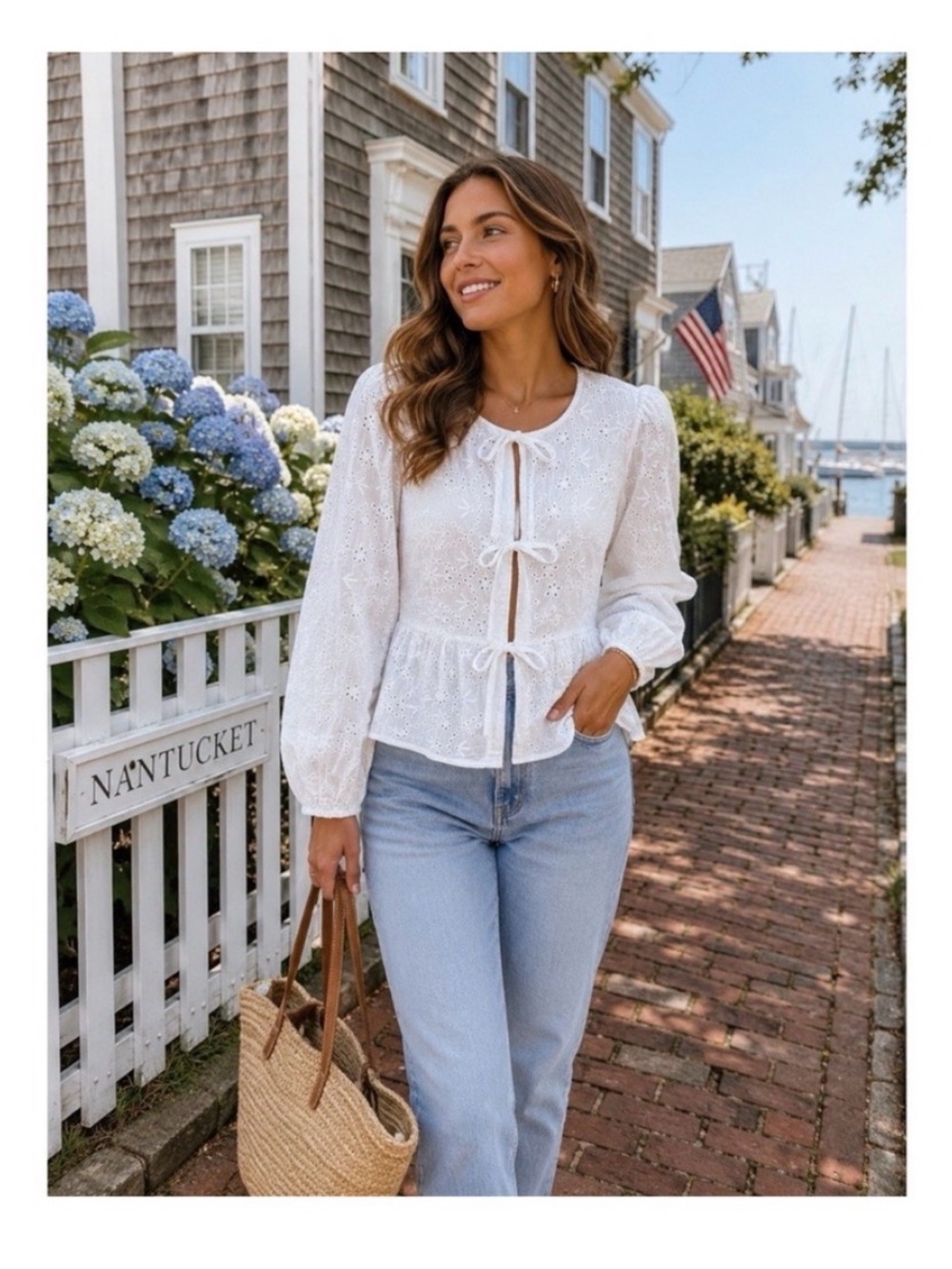 White Eyelet Blouse M Tie Front Cottagecore Coastal Chic Peplum Romantic Top